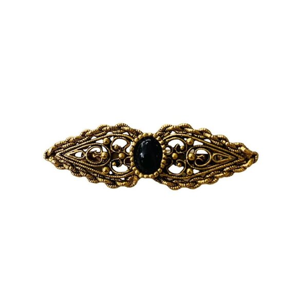 Vintage Victorian Style Brooch Goldtone Black Pin Filigreee Intricate 2" Length - Picture 1 of 16